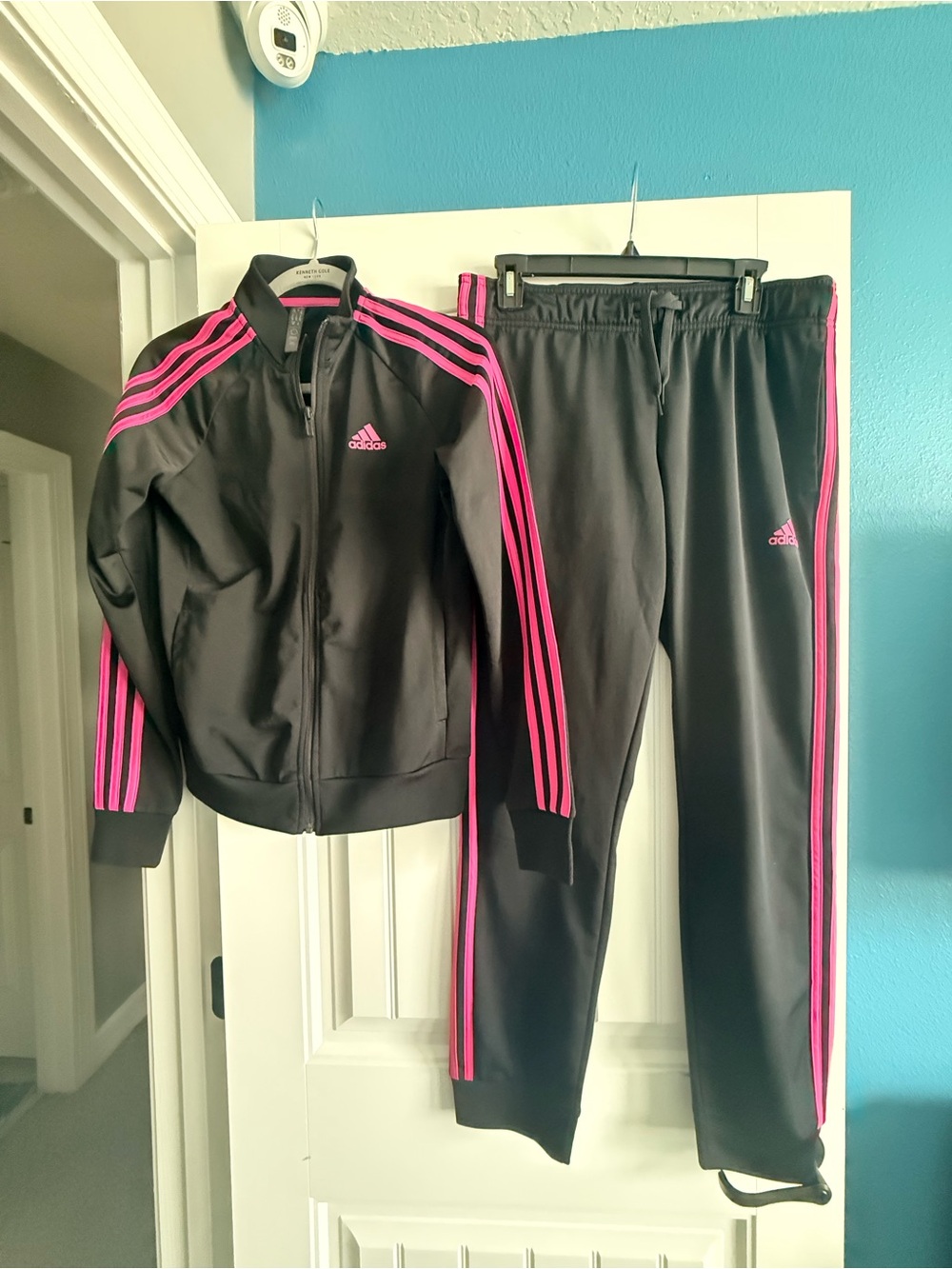 adidas Black Jacket and Track Pants with Pink Stripes Jacket - S, Pants - M